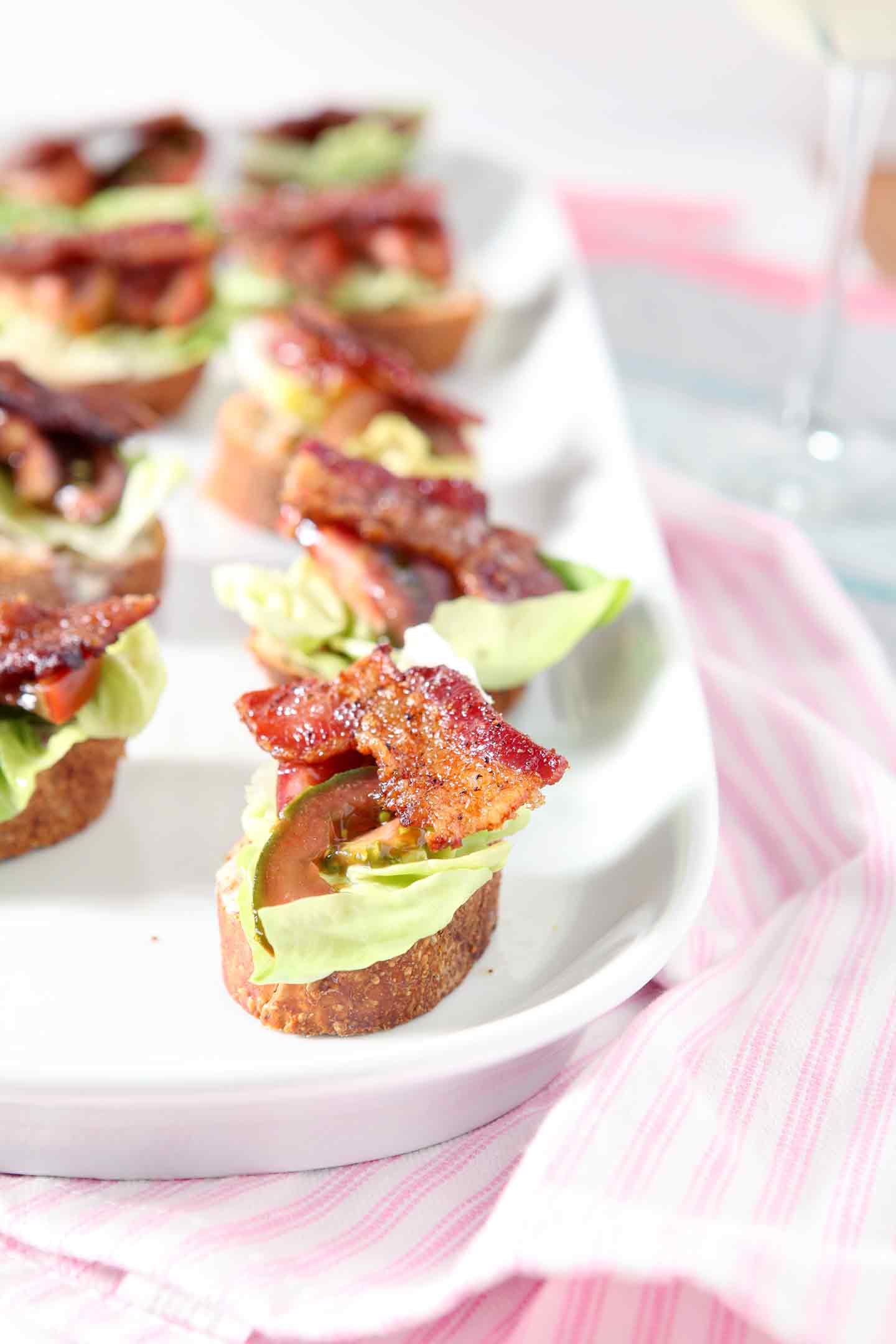 blt bruschetta on a white tray