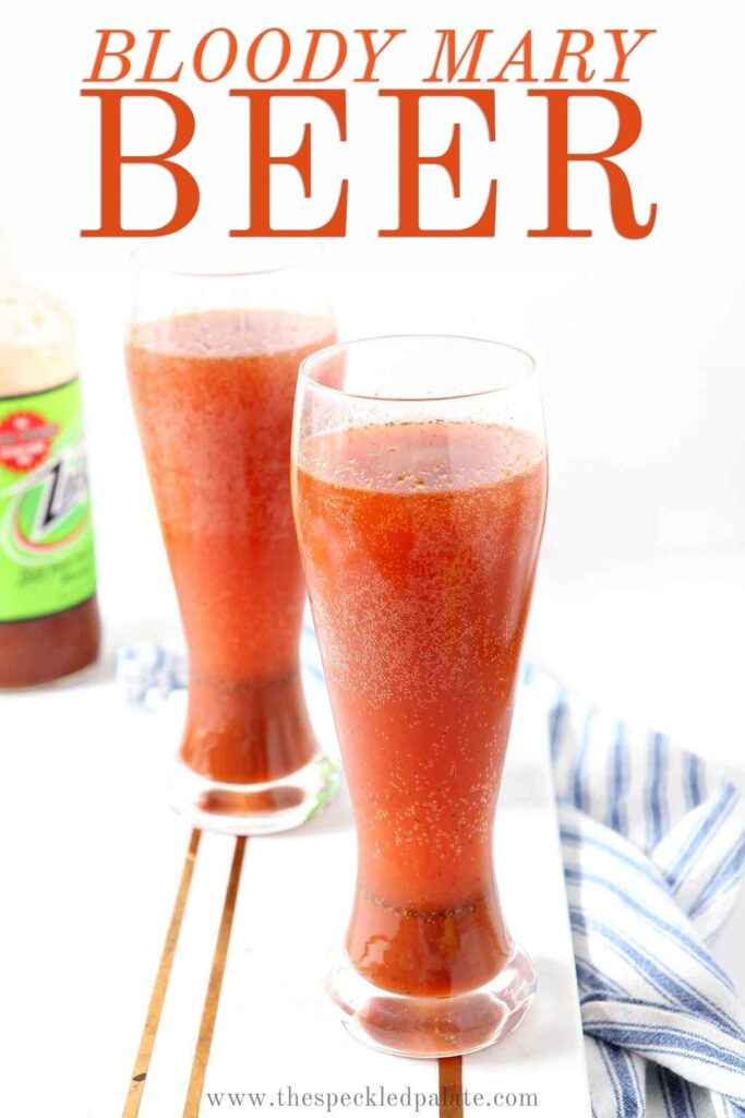 Two Bloody Marys with beer are served on a marble platter, with Pinterest text