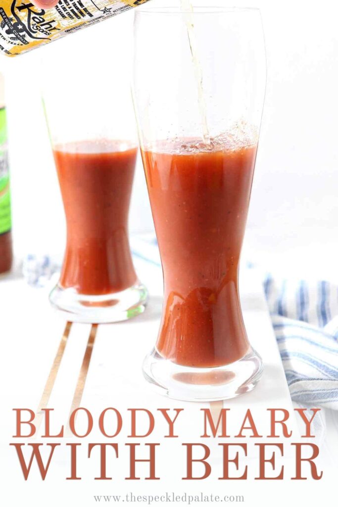 Two Bloody Marys with beer are served on a marble platter, with Pinterest text