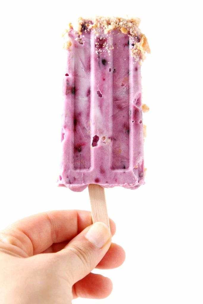 A woman holds up a Blueberry Cheesecake Popsicle, coated in graham cracker crumbs, against a white background.