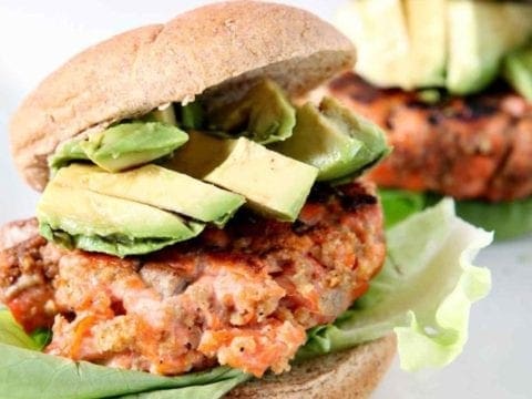 two salmon burgers close up