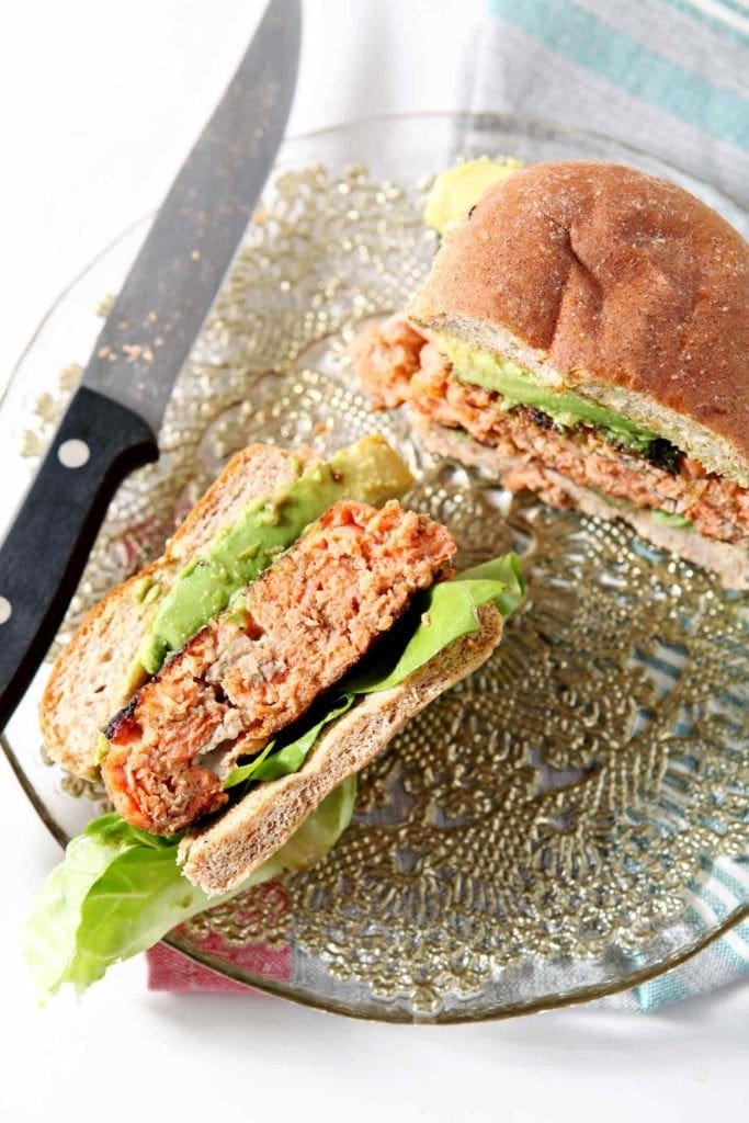 salmon burger sliced in half