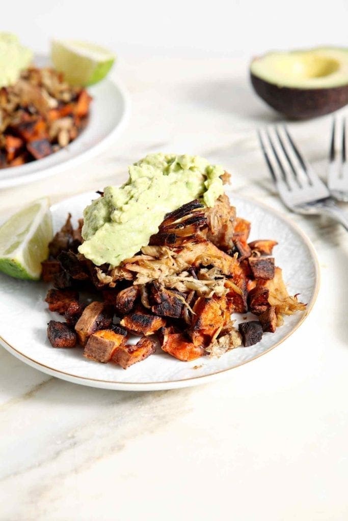 Slow Cooked Pork on white plate with sauce on top 