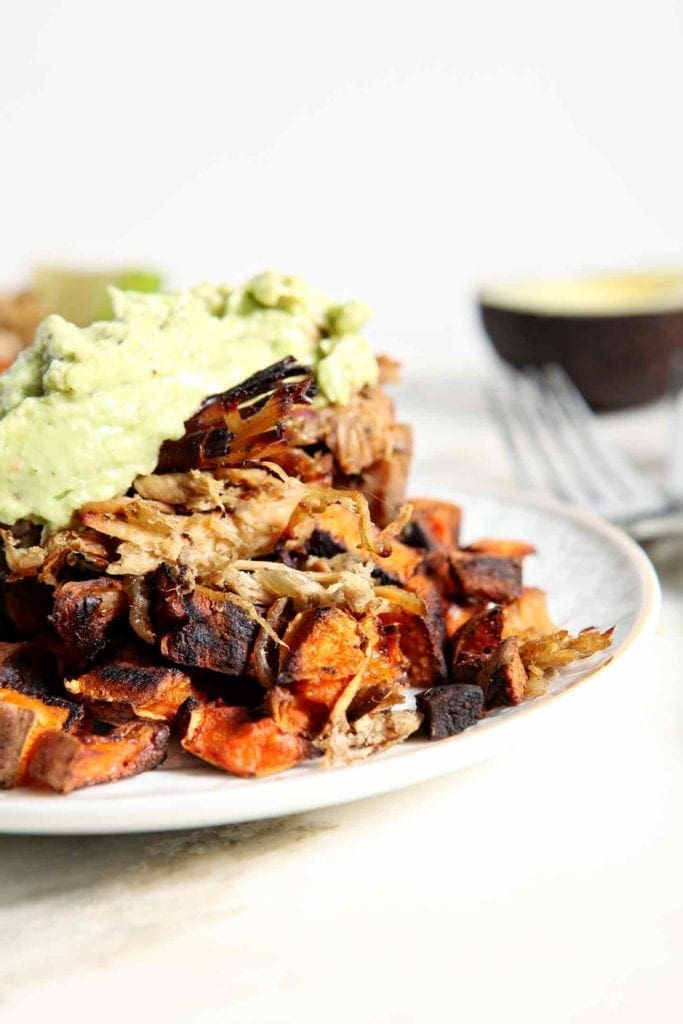 Close Up of Slow Cooker Pork on white plate with sauce 