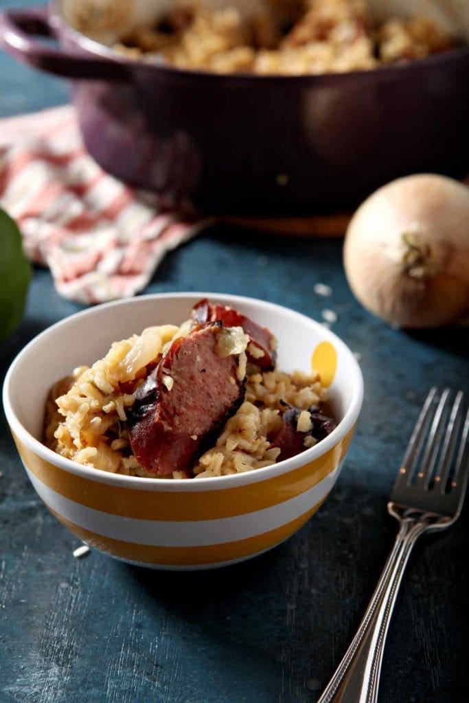 Sausage and Rice in Striped Bowl 