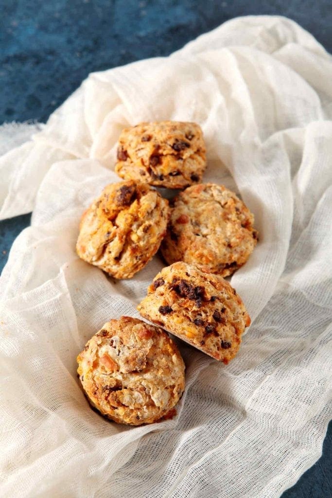 chili cheese biscuits in a cloth napkin