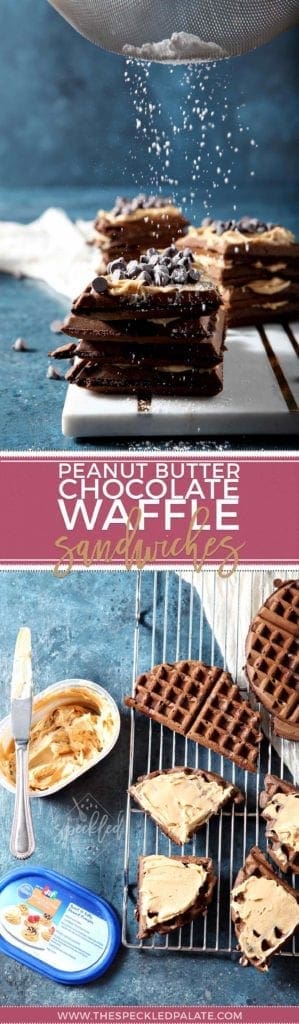 Peanut Butter Chocolate Waffles cut into pieces 