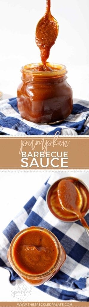 collage of two images showing Pumpkin Barbecue Sauce in glass jar with spoon and the jar from above with the text pumpkin barbecue sauce