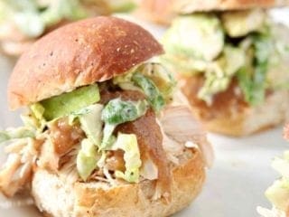 Shredded Applesauce Chicken Sliders with Brussels Sprouts Apple Slaw