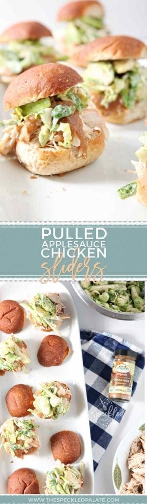 Applesauce chicken sliders on white serving dish 