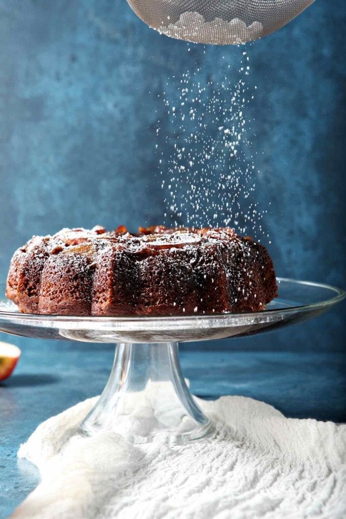 upside down cake on a cake stand 