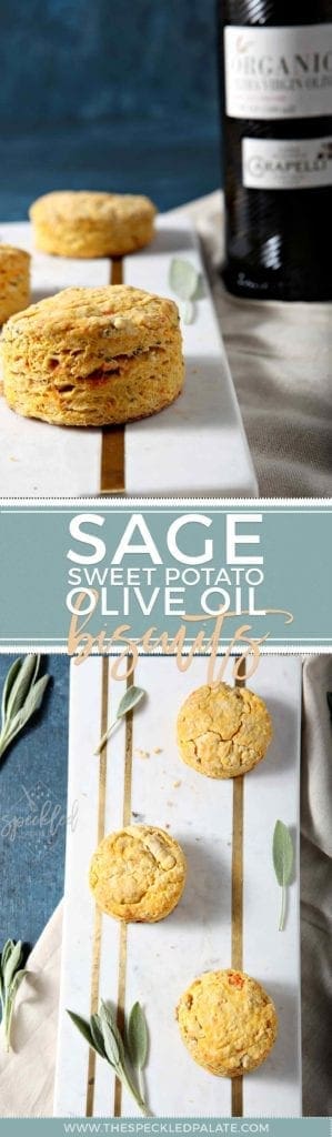 Collage of two images showing different angles of sweet potato biscuits with the text sage sweet potato olive oil biscuits