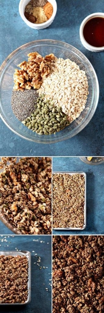 Collage showing how to put together chai-spiced granola