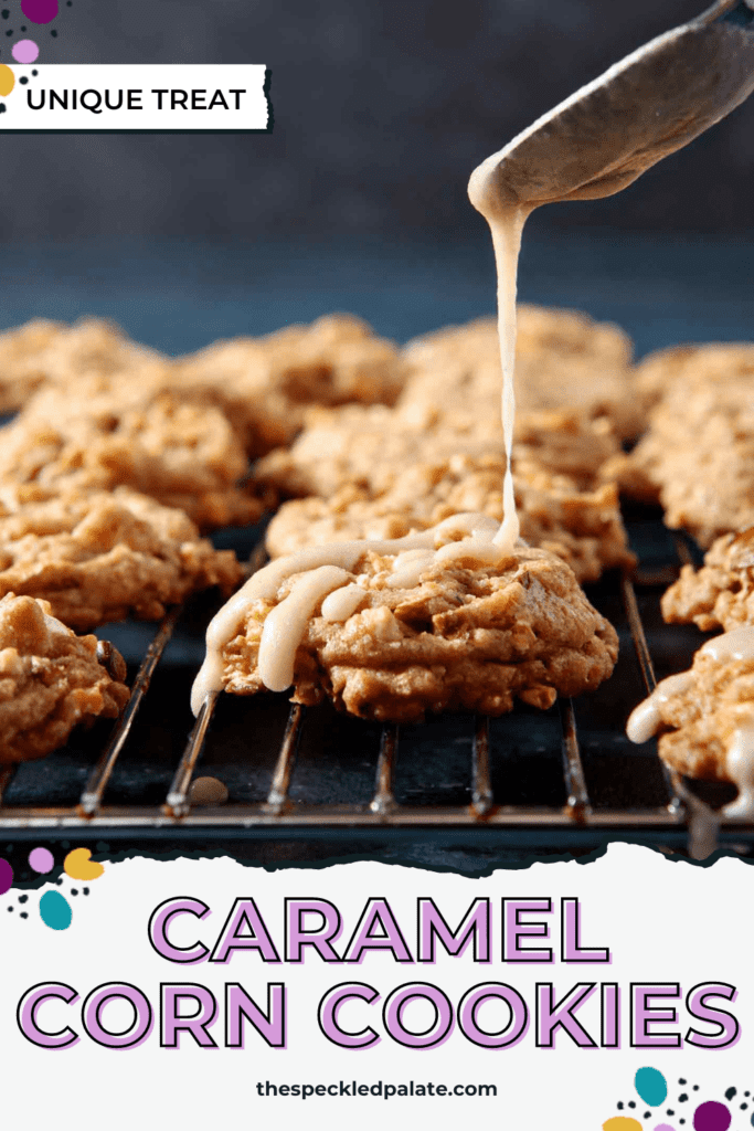 A spoon drizzles a brown butter glaze on a popcorn cookie on a cooling rack with the text caramel corn cookies