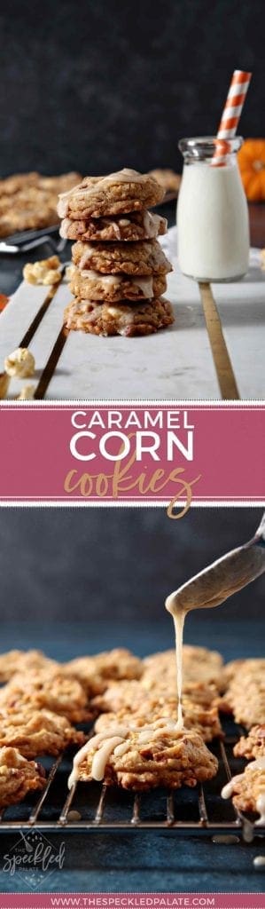Stack of caramel corn cookies on white plate 