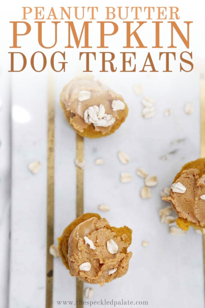 Overhead of iced Peanut Butter Pumpkin Pupcakes on marble with the text 'peanut butter pumpkin dog treats'