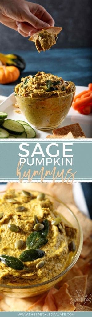 collage of two images showing pumpkin sage hummus in a glass jar from two angles with the text sage pumpkin hummus