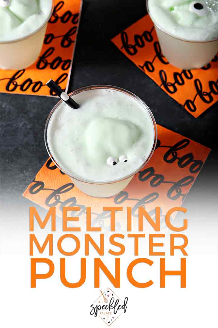 Pinterest graphic, featuring a close up of the Melting Monster Halloween Punch, a Halloween drink for kids