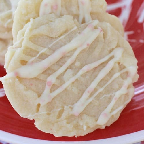 A close up on Peppermint sugar cookies with a peppermint drizzle.