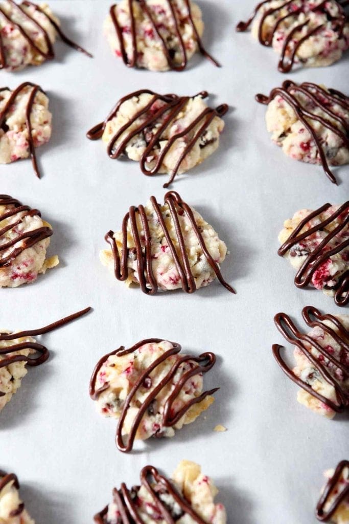 cranberry chocolate potato chip cookies on parchment paper