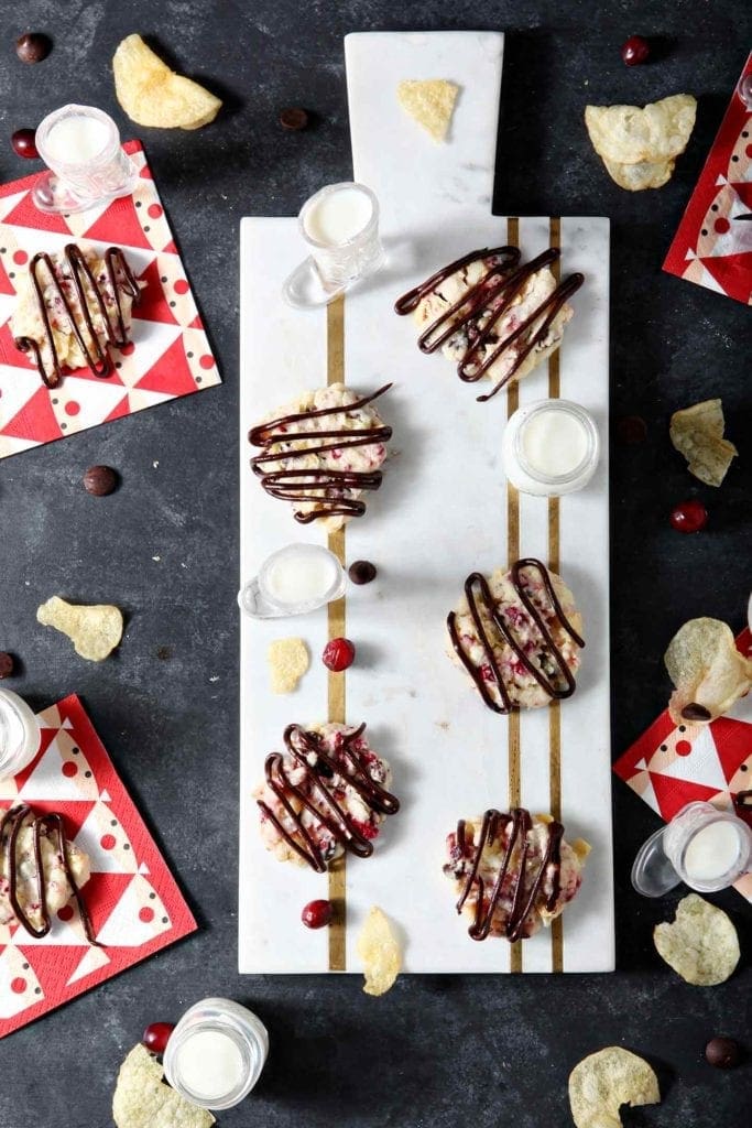 cranberry chocolate potato chip cookies on a white serving tray