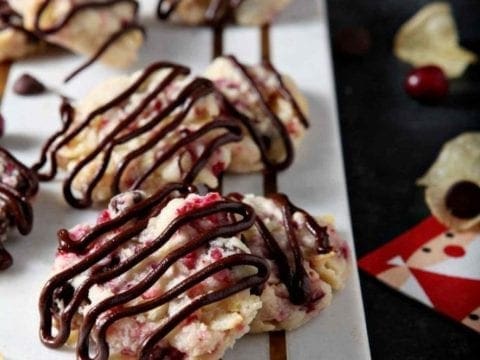 close up of cranberry chocolate potato chip cookies with a chocolate drizzle