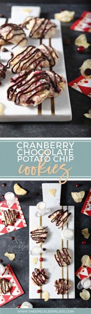 Cranberry Chocolate Potato Chip Cookies on white, rectangle plate 