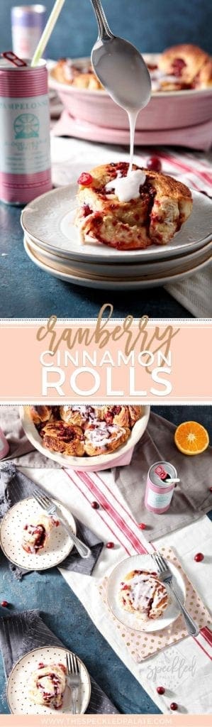 Spoon Drizzling White Icing on Cranberry Cinnamon Rolls on white plate