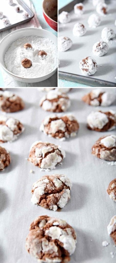 peppermint chocolate crinkle cookies on parchment paper