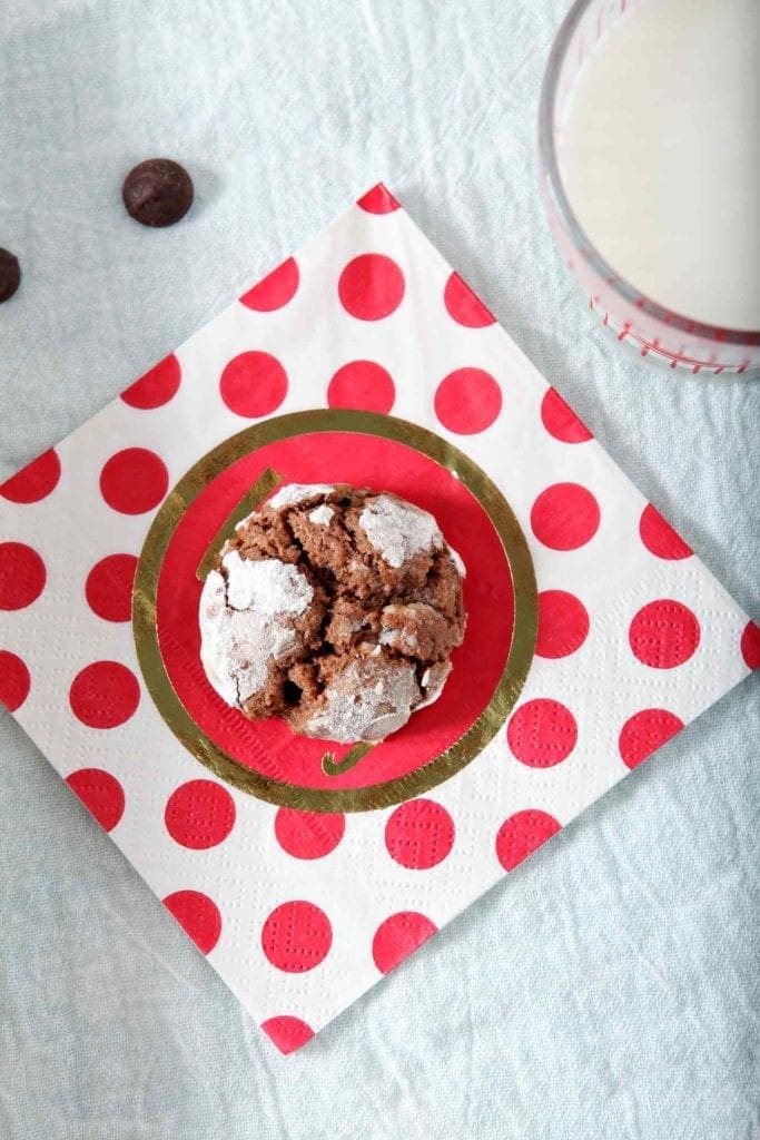 peppermint chocolate crinkle cookies on a red napkin