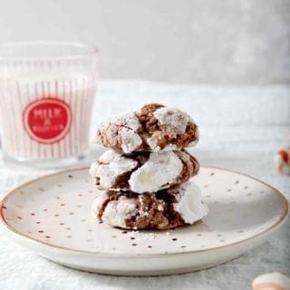 peppermint chocolate crinkle cookies stacked on a small plate