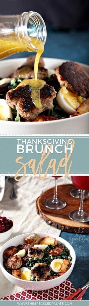 Dressing Pouring Over Thanksgiving Brunch Salad  in White Bowl 