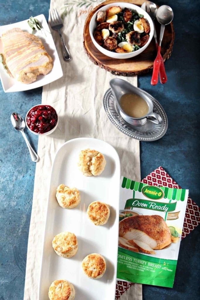 thanksgiving turkey biscuits on a platter with gravy