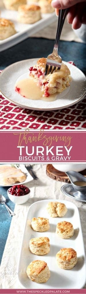 Silver Fork in Thanksgiving Biscuit with Gravy on white plate 