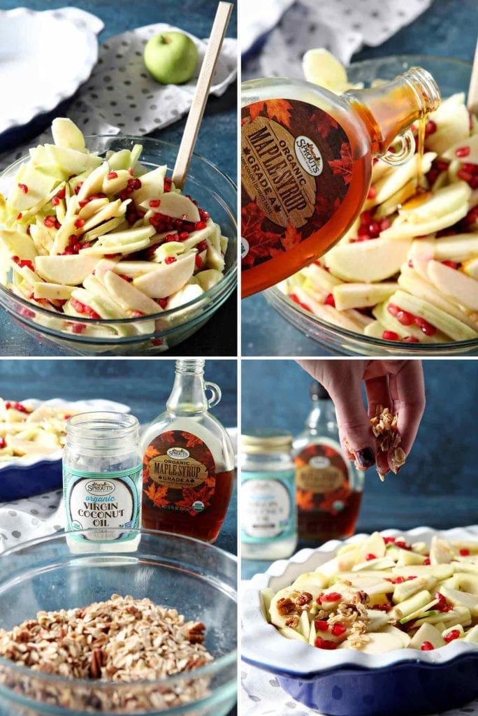 A collage of four images showing how to mix the ingredients and make the crisp