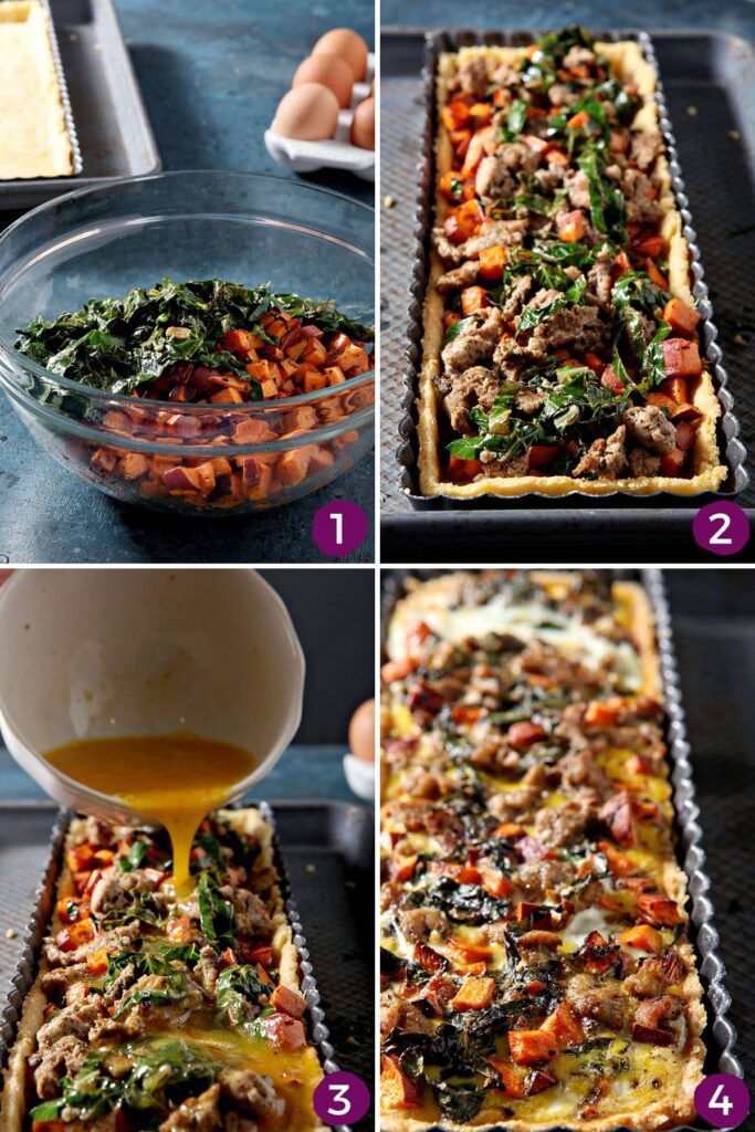 Collage showing how to put together a Sausage Quiche with Winter Veggies