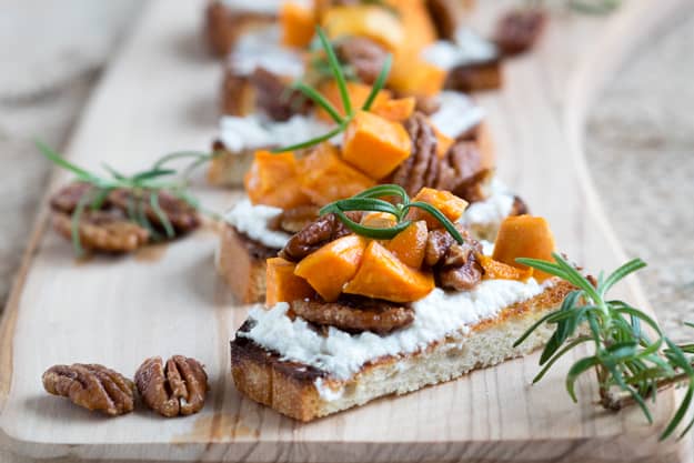 brunch bruschetta on a wood serving board