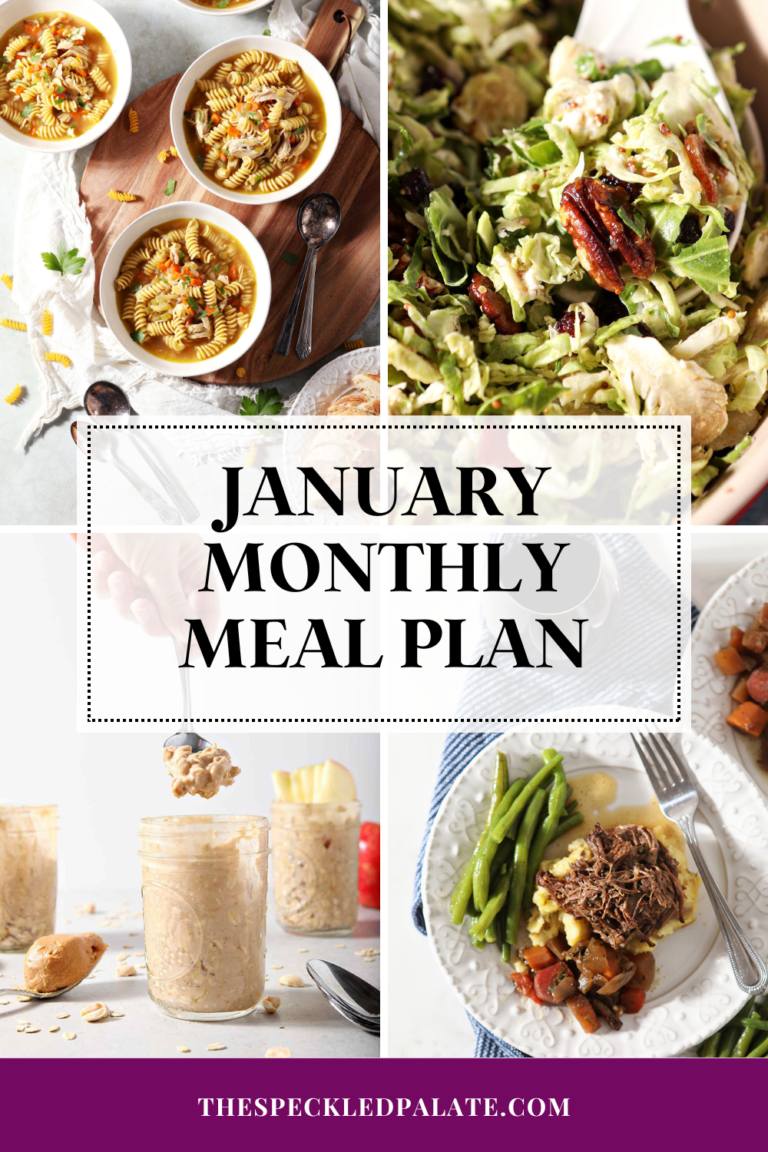 collage of four images of comfort food to make during the winter with the text january monthly meal plan