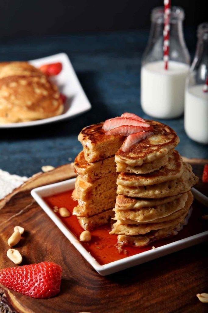 Peanut Butter Pancakes with Raspberry Preserves Syrup