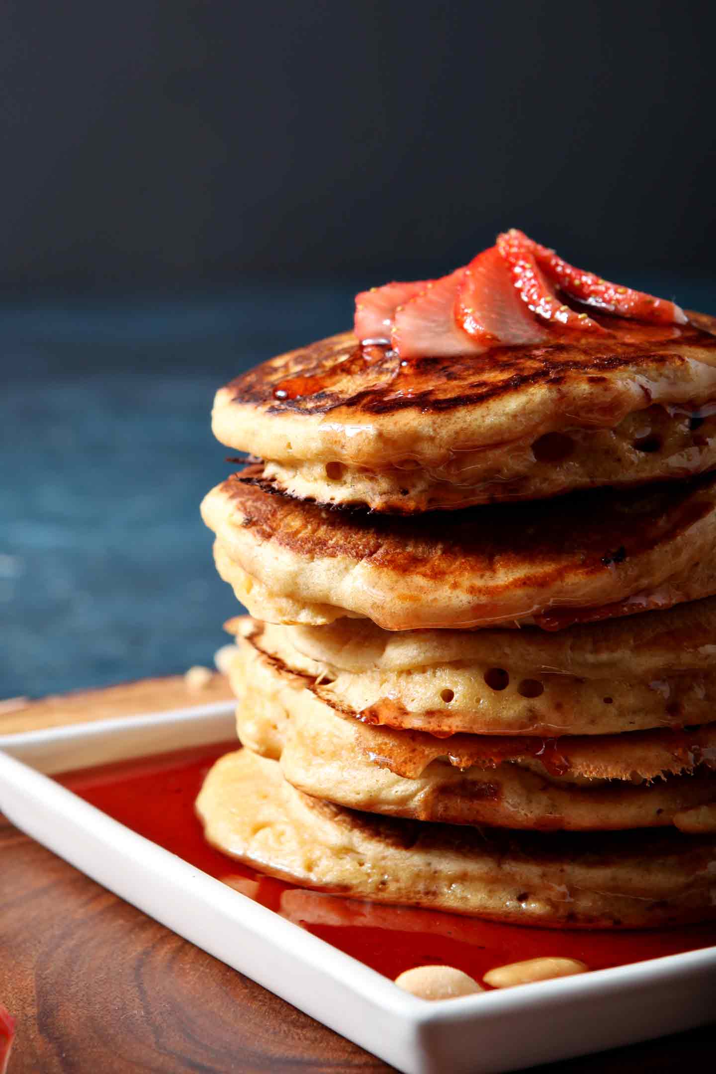 close up of a stack of peanut butter pancakes