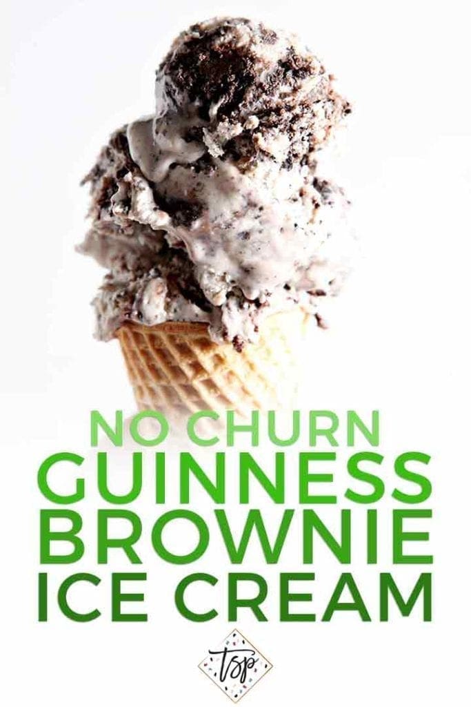 Close up of a cone of No Churn Fudge Brownie Ice Cream, with Pinterest text