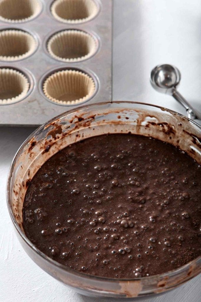 Batter in a bowl, ready to be scooped into cupcake liners