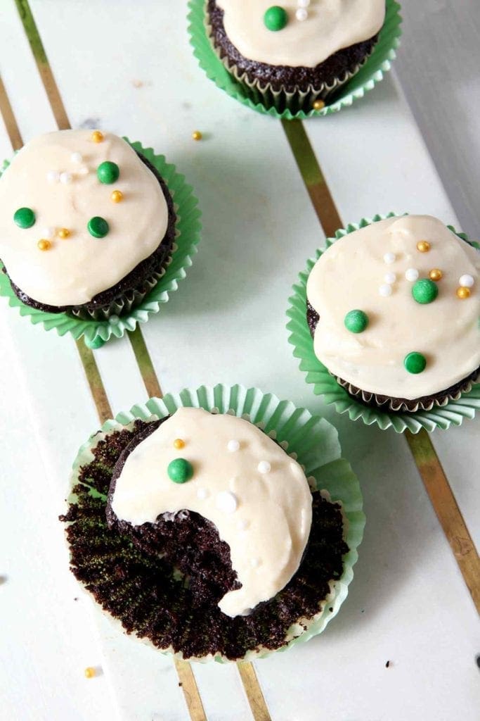 Chocolate Guinness Cupcakes, iced with Bailey's Icing, decorated and ready for eating