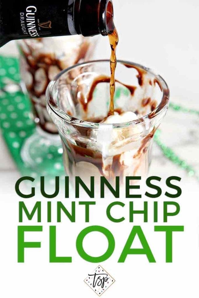 Beer pours into a glass holding ice cream and hot fudge sauce with the text 'guinness mint chip float'