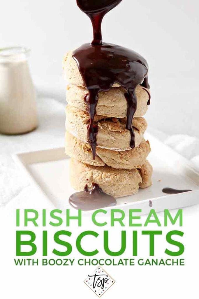 Chocolate ganache is drizzled onto a stack of Irish Cream Biscuits, with Pinterest text