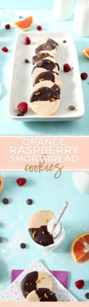 Orange Raspberry Shortbread cookies on white plate 