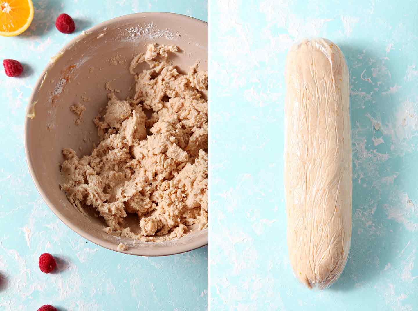 Collage of the bowl of Orange Raspberry Shortbread Cookie dough and the dough log before going into the refrigerator on a turquoise background