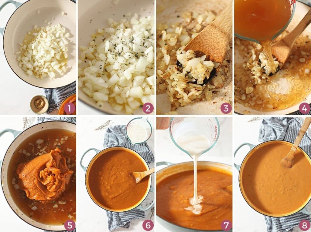 Collage of eight images showing the process of making Sweet Potato Bisque