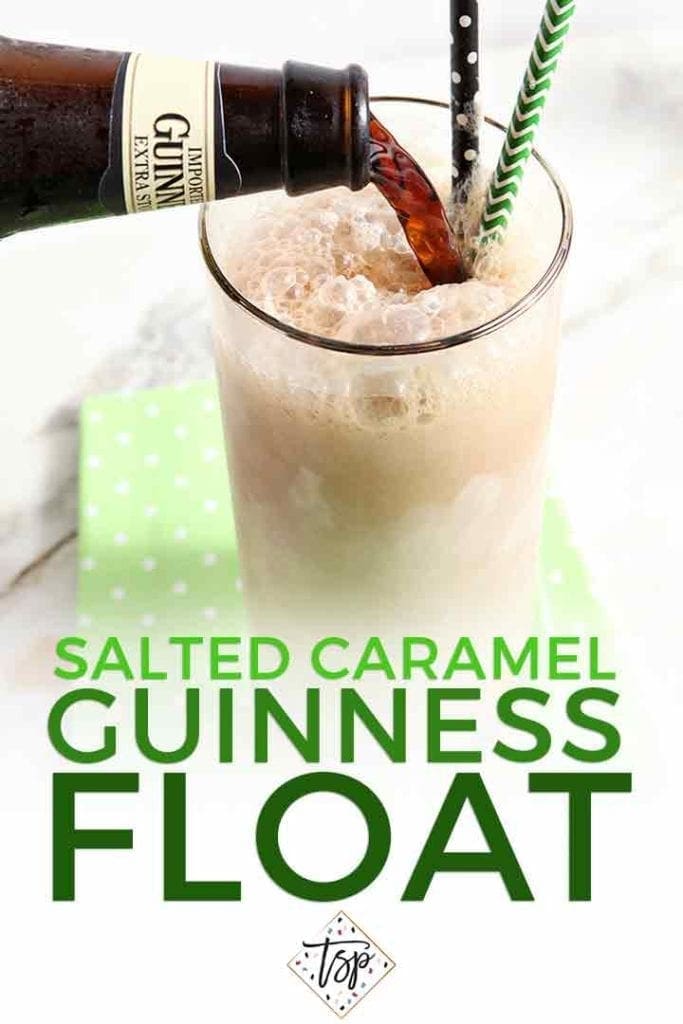 A Guinness pours into a glass with ice cream to make a salted caramel guinness float with pinterest text