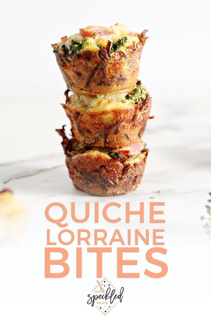 Gluten Free Broccoli Quiche Lorraine Bites are stacked on top of each other, with Pinterest text